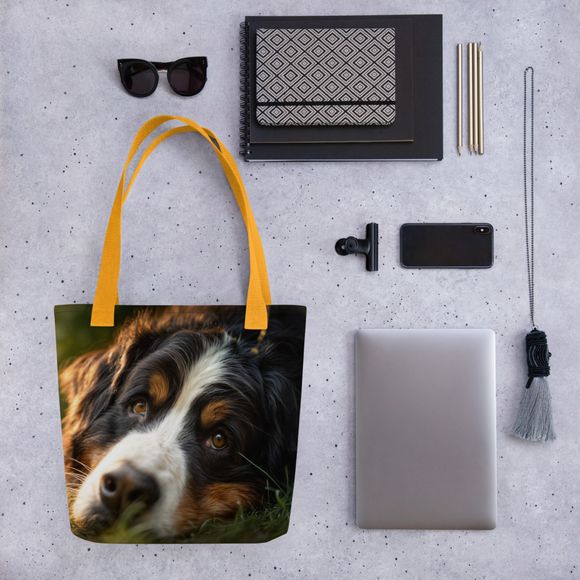 "Golden Fields Bernese" – Premium AI-Art All-Over Print Tote Bag