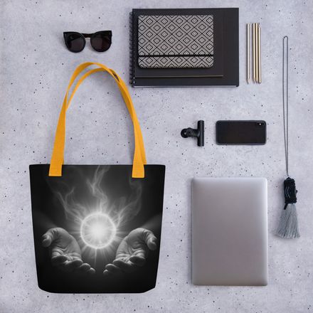 The "Beacon of Creation" Noir All-Over Print Tote Bag