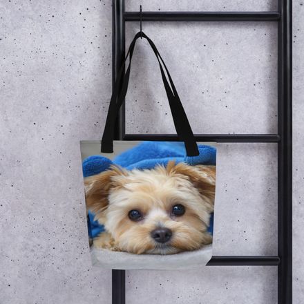 "Cosy Blue Hoodie Pup" – Premium AI-Art All-Over Print Tote Bag