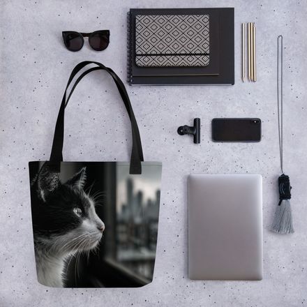 "City Dreams Tuxedo Cat" – Premium AI-Art All-Over Print Tote Bag