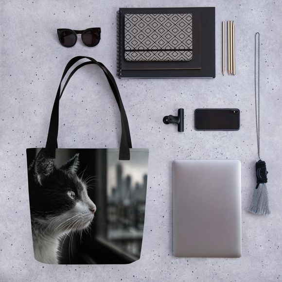 "City Dreams Tuxedo Cat" – Premium AI-Art All-Over Print Tote Bag