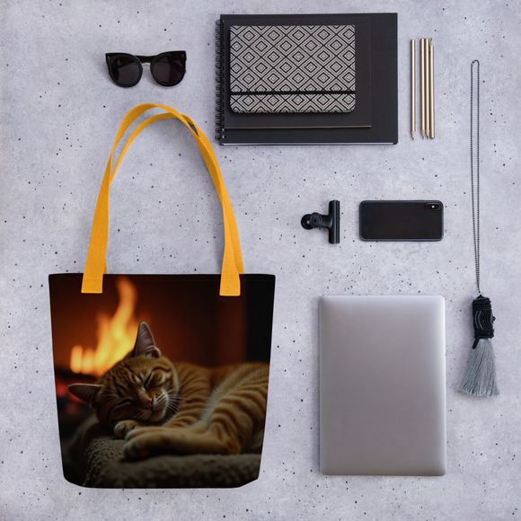 "Fireside Slumber" Ginger Tabby – Premium All-Over Print Tote Bag