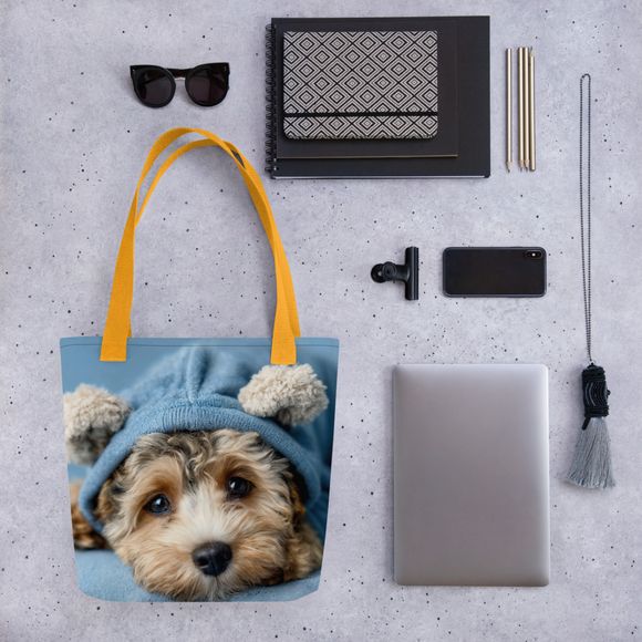 "Teddy-Ear Blue Hoodie Pup" – Premium AI-Art All-Over Print Tote Bag