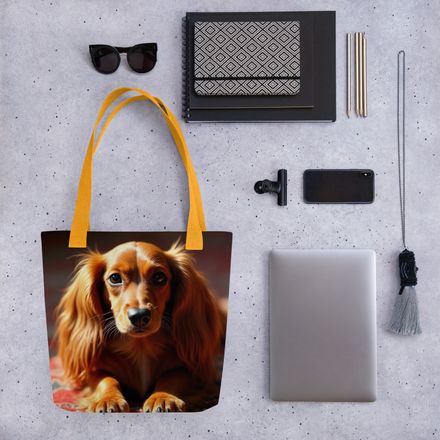 "Golden Hour Doxie" – Long-haired Dachshund Premium All-Over Print Tote Bag