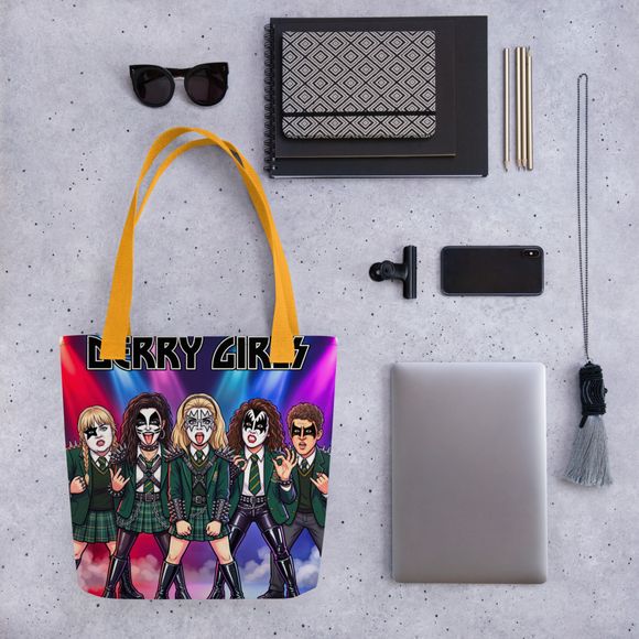 Derry Girls x Glam Rock Rebellion All-Over Print Tote Bag – The "Gods of Thunder" School Edition