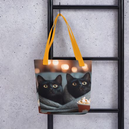 Movie Night Duo: Cozy Black Cats All-Over Print Tote Bag