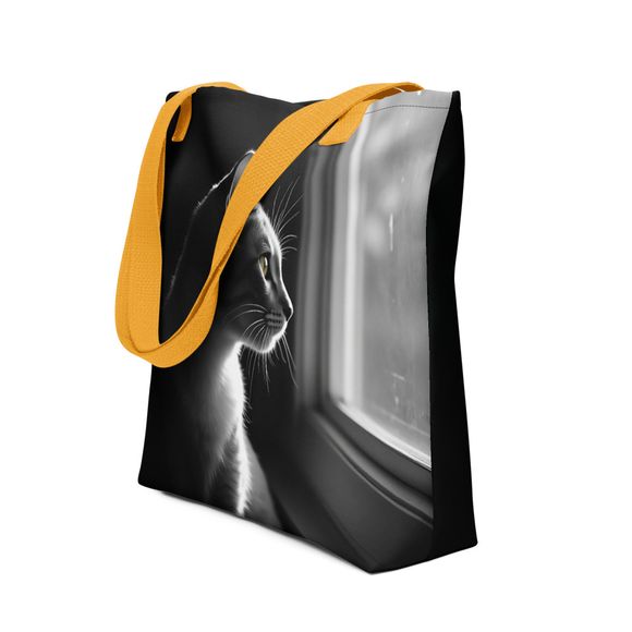 "Window of Thought" – Monochrome Cat Portrait | All-Over Print Tote Bag