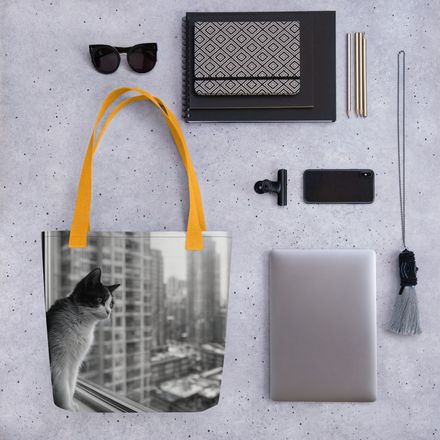 "Urban Muse" – Bicolor Cat Cityscape View | All-Over Print Tote Bag