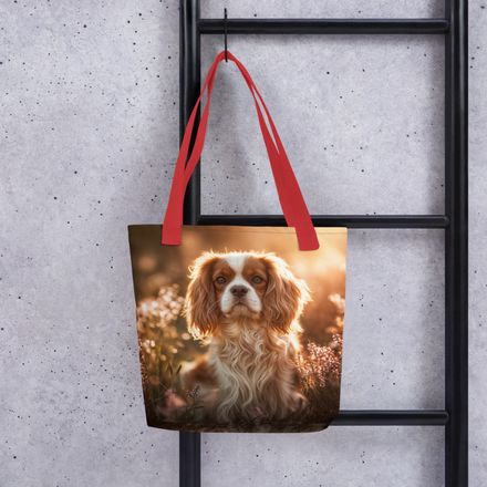 "Golden Meadow Spaniel" – Cavalier King Charles All-Over Print Tote Bag