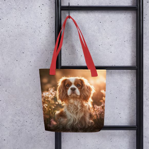 "Golden Meadow Spaniel" – Cavalier King Charles All-Over Print Tote Bag