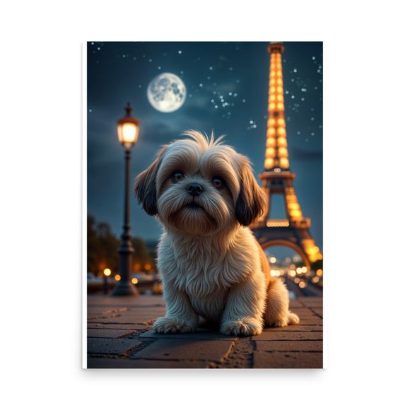 Fluffy Shih Tzu by the Eiffel Tower at Night