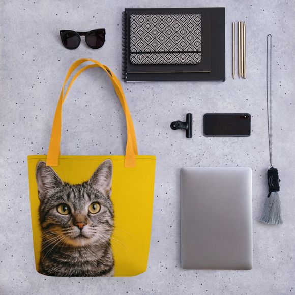 "Golden Gaze Tabby" – Vibrant Yellow Background | All-Over Print Tote Bag